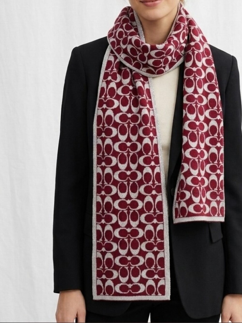 Coach Red And White Metallic Signature Shimmery Scarf Wool Blend Reversable